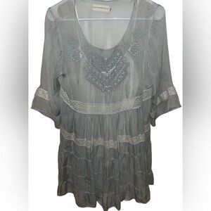 Johnny Was 4 Love & Liberty S Green/Cream Silk Dress With Slip Lace/Embroidered